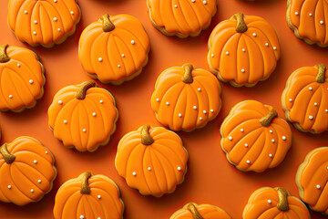 Pumpkin-shaped sugar cookies with orange icing, autumn cookies