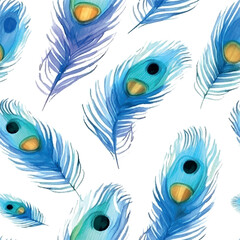 Beautiful pattern art illustration with colorful peacock feathers watercolor blue background.