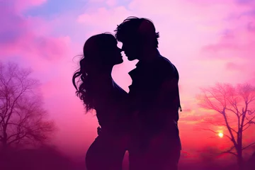Poster Silhouette of a couple sharing a kiss against a colourful sunset © reddish