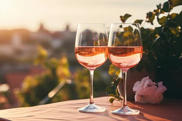 Küchenrückwand glas motiv Wine glasses filled with sparkling rosé wine © reddish
