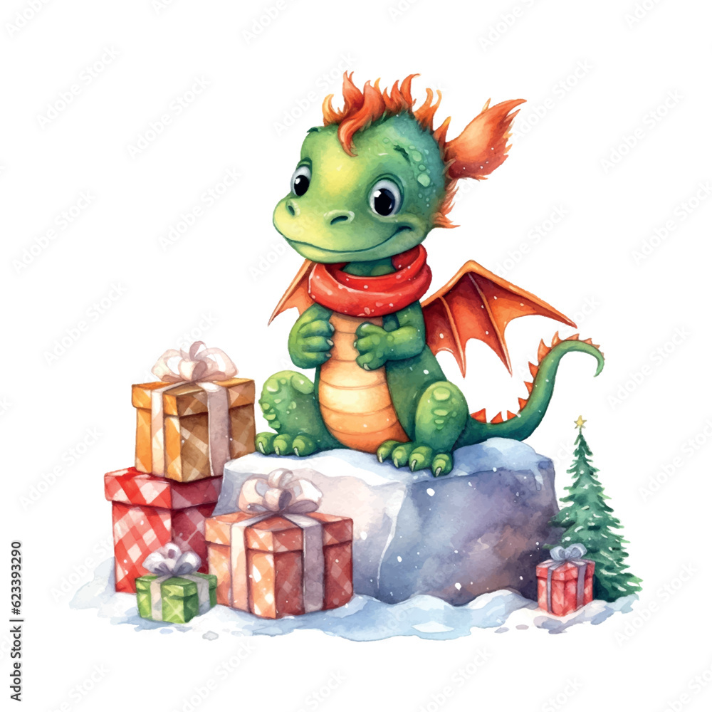 Wall mural Dragon gifts christmas watercolor in cartoon style. Vintage decorative element. Holiday greeting card design. Happy new year. New year symbol.