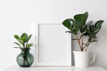 Empty frame mockup in modern minimalist interior with tropical plant, Generative AI
