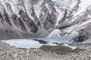 Camps at Everest base camp. World's highest glacier Khumbu glacier and other hanging glaciers on world's highest mountains. Ice, rocks, debris and glaciers seen around everest base camp in nepal. 