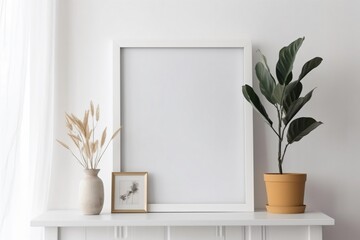 Obraz na płótnie Canvas Empty frame mockup in modern minimalist interior with tropical plant, Generative AI