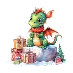 Dragon gifts christmas watercolor in cartoon style. Vintage decorative element. Holiday greeting card design. Happy new year. New year symbol.