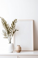 Empty frame mockup in modern minimalist interior with tropical plant, Generative AI