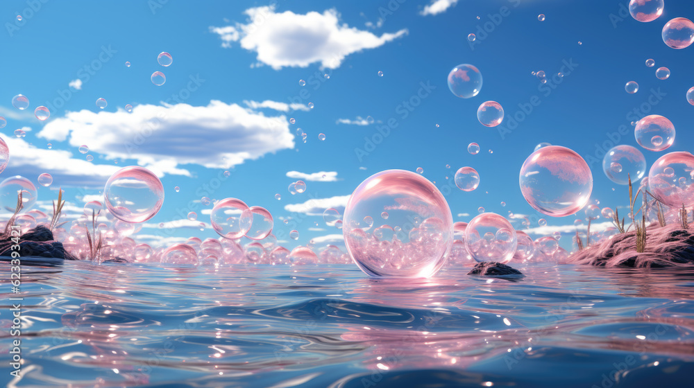 Poster a group of soap bubbles floating over a body of water. generative ai.