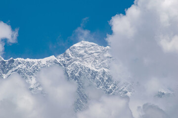Amazing view of Mt. everest 8848 m high. Highest mountain on earth seen from tangboche. Clouds...