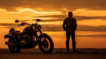 Fototapeta na wymiar Biker male and Motorcycle at sunset - Copy space Generative AI