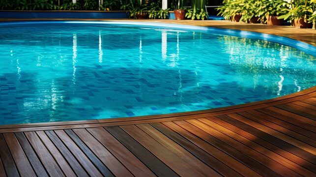 blue swimming pool with teak wood flooring Generative AI © Suleyman