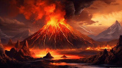 eruption of the volcano with molten lava Generative AI