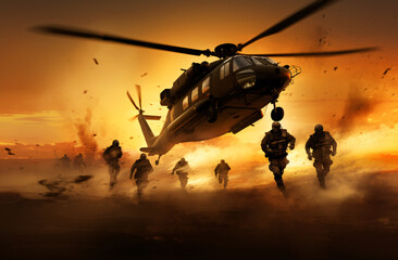 Fototapeta na wymiar A helicopter flying over a group of soldiers during a military operation
