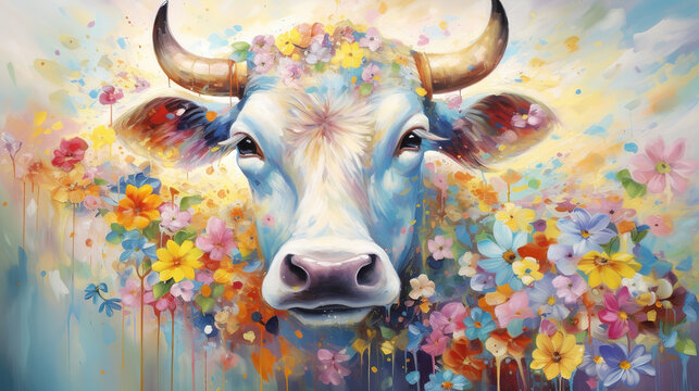 Cow In Flower Blossom Atmosphere Gloden Colorful Oil Paint