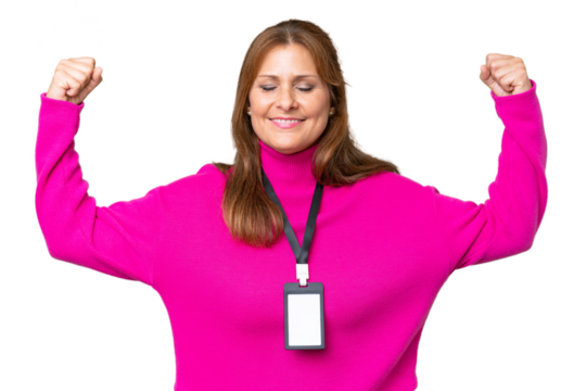 Middle-aged caucasian woman with ID card over isolated background doing strong gesture - Powered by Adobe