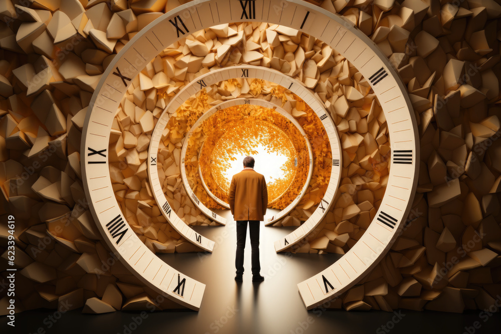 Poster a man standing in a tunnel with a clock in the middle. generative ai.