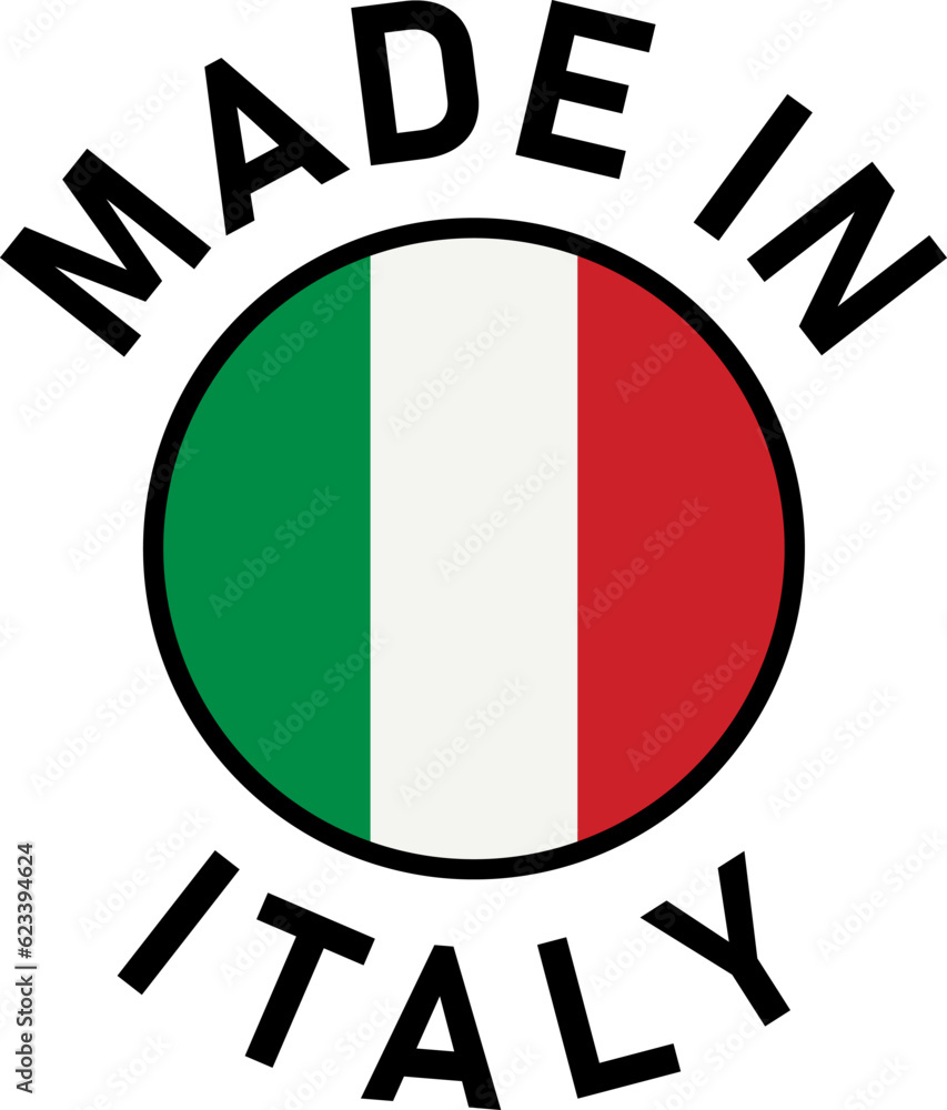 Poster made in italy round badge product tag symbol with flag in circle and text around it. vector image.