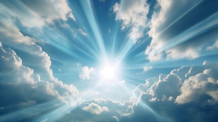 Sun light rays or beams bursting from the clouds on a blue sky. Spiritual religious background Generative AI