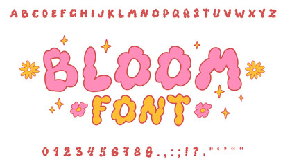 Bubble flux funky typeface abc. Hippie groovy Y2K font alphabet. Liquid Doodle alphabet.