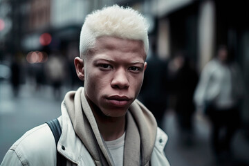 Albino black man looking at camera serious - obrazy, fototapety, plakaty