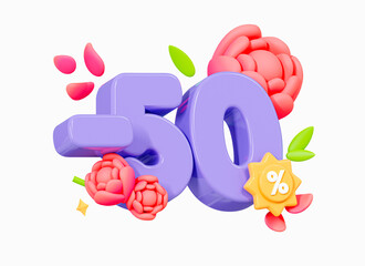 3D Special summer and spring offer. 50% off discount promotion sale. Purple volume number with rose flower. Seasonal shopping. Cartoon creative design icon isolated on white background. 3D Rendering