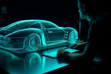 Anonymous man looking car design using holographic app in digital tablet. Develop modern innovative high-tech eco-friendly electric car with sustainable standards