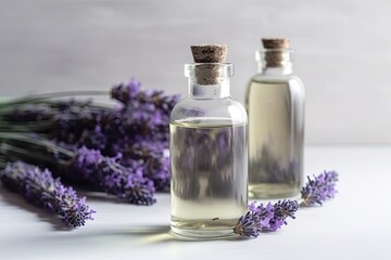 Bottle with lavender scented liquid and lavender flowers on the table.