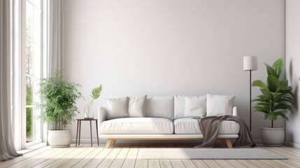 Modern Minimal clean clear contemporary living room home interior design daylight background,beige white sofa couch in living room daylight from window freshness moment mock up interior,generative ai - obrazy, fototapety, plakaty
