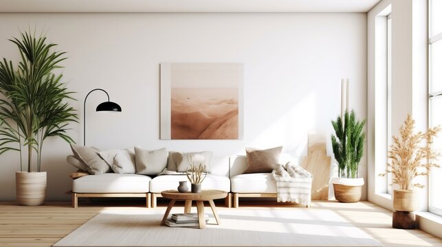 Modern Minimal clean clear contemporary living room home interior design daylight background,beige white sofa couch in living room daylight from window freshness moment mock up interior,generative ai