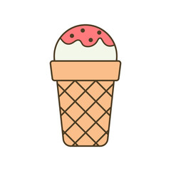 Vector icon, sticker of ice cream with topping in a waffle cup for design, printing on clothes, packaging