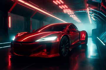 Red fast sports car. Futuristic sports car concept.