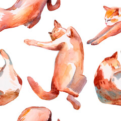 Seamless pattern with watercolor red cats. Hand drawn watercolor illustration is isolated on white. Cute kitty is perfect for animal design, pet shop, veterinary clinic, fabric textile, baby print