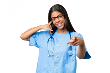 Young African american nurse woman over isolated background making phone gesture and pointing front