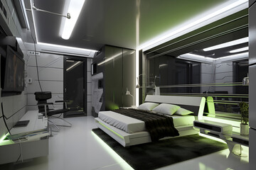 Techno style bedroom interior with modern bed in luxury house