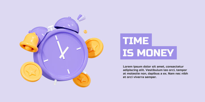 3D Time is money concept banner. Alarm clock with floating gold coins and bell. Business and investment. Save and economy. Cartoon creative design web landing page on purple background. 3D Rendering