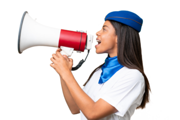 Airplane stewardess African american woman over isolated background shouting through a megaphone