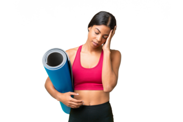 Young sport African American woman going to yoga classes while holding a mat over isolated background with headache