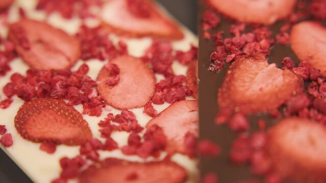 Handmade chocolate with freeze-dried berries. The work of a pastry chef.