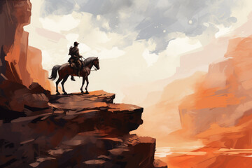 A painting of a man riding a horse on a cliff. Generative AI.