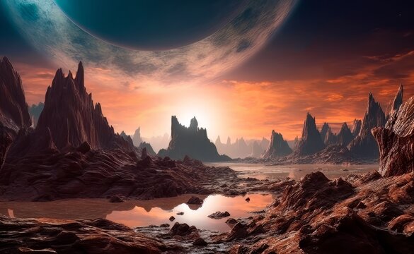 Fantastic landscape of an alien planet with rocks. Alien planet surface illustration for computer game. Generated AI