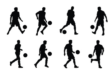 Fototapeta na wymiar Set of soccer player kicking ball, isolated vector silhouette, footballer logo