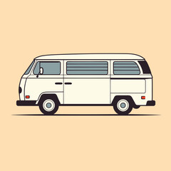 Old style minivan. Side view of retro hippie bus, vehicle and transport banner, road trip, old car from 60s or 70s, traveling by van, Campervan, camping, motorhome. 