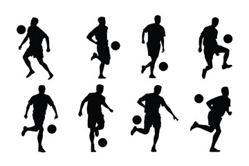 Set of soccer player kicking ball, isolated vector silhouette, footballer logo