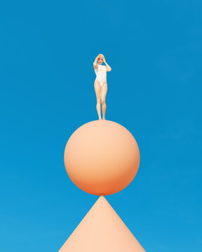 Woman balancing sphere cone balance blue sky warm summer sunlight 3d illustration render digital rendering