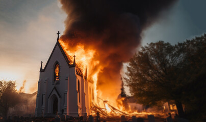 Traditional church on fire.Church with cross burns in flames at dark night. in neighbourhood copy space