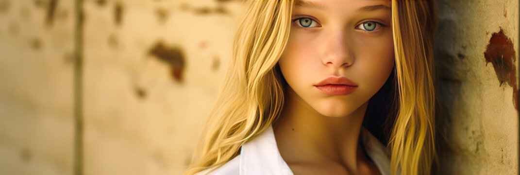 Captivating close-up of a provocative teen girl with blonde hair, intense blue eyes and innocent yet alluring expression. Generative AI