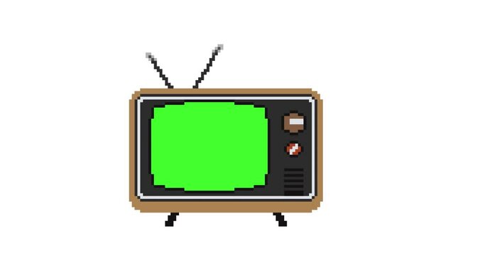 Pixel art vintage Television. Old Television Set turning on Green Screen Video footage, pixel art animation 8 bit. 