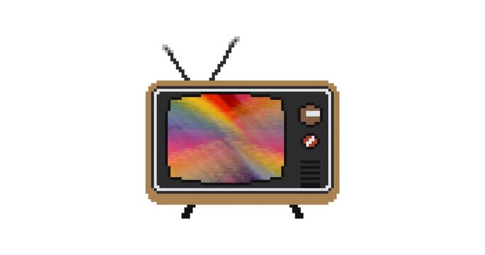Pixel art vintage Television. Old Television Set turning on Green Screen Video footage, pixel art animation 8 bit. 
