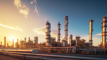 petroleum refinery plant at sunset