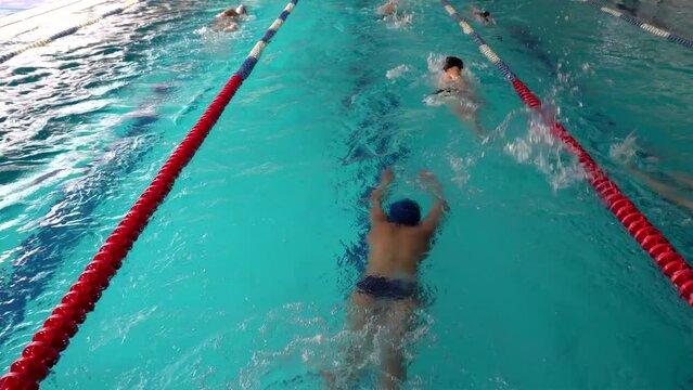 Young swimmers training in a pool with the front crawl style.