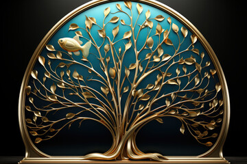 A gold and blue tree of life sculpture on a black surface. Generative AI.